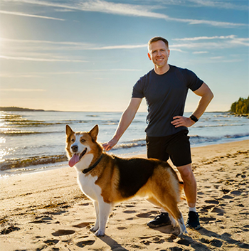 Smiling sporty 28 years old man and a dog are exercising on the beach in sunny morning sunshine