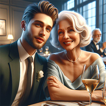 Mature Women Seeking Fulfilling Relationships - Image of younger man at dinner with older woman